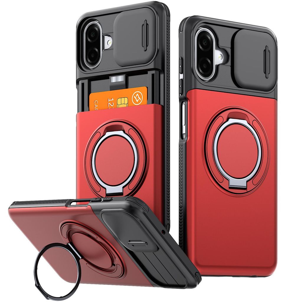 Handyhülle mit Kartenfach für Samsung Galaxy A06 / A07 5G/4G, Schiebe Kameraschutz, Ringhalter Ständer, Stoßfeste Schutzhülle Rot