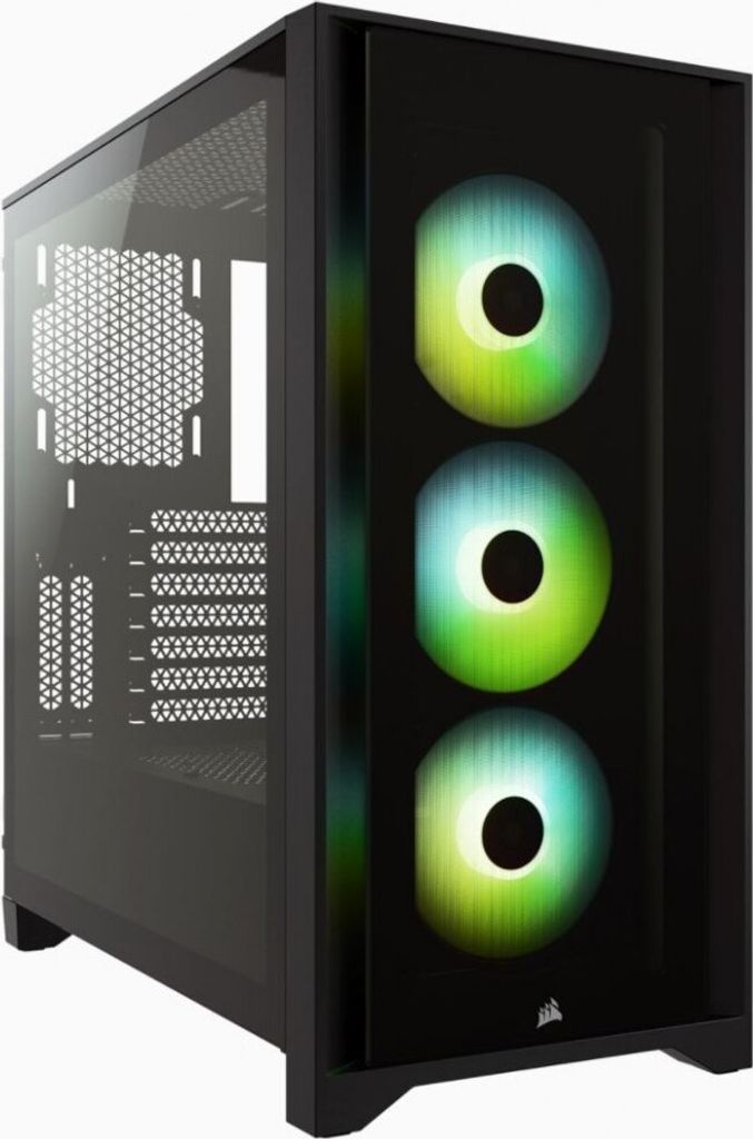 A black computer tower with illuminated RGB fans on the front.
