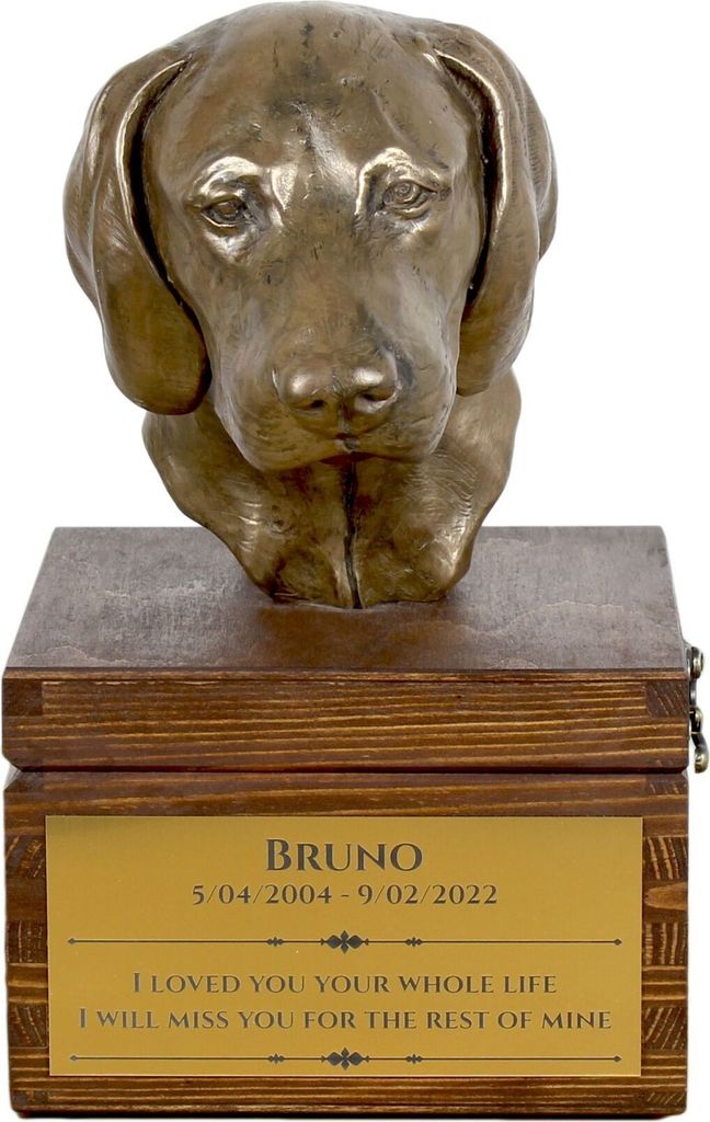 Weimaraner, Weimaraner Vorstehhund - Eine Ascheurne für Hunde mit einer Statuette, eine kleine Urne für Hunde, eine personalisierte Urne mit dem ...