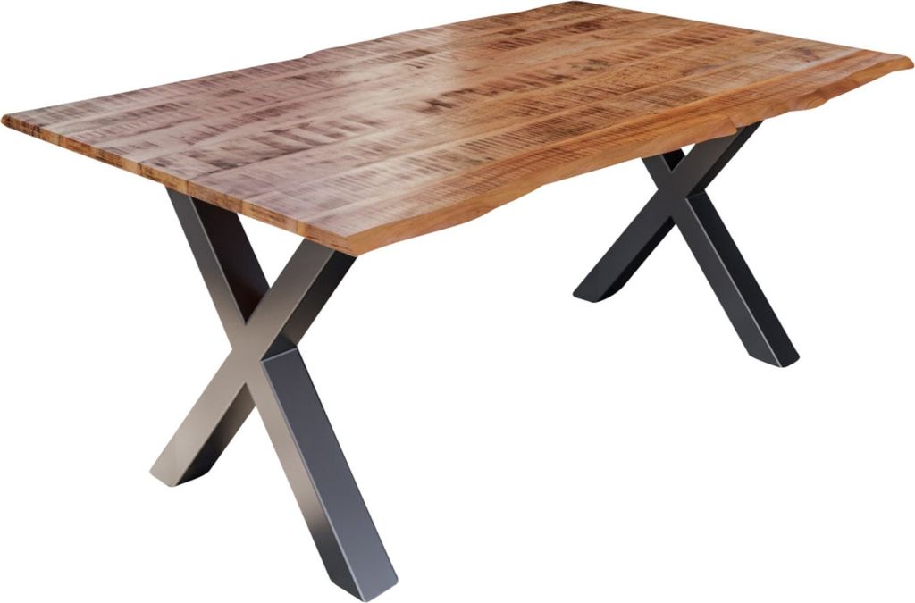Esstisch Baumkante Massiv Mango naturfarben 160 x 85 silber X-Gestell DORA