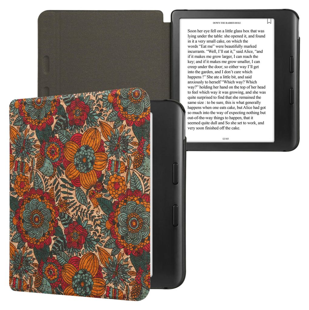 kwmobile Hülle kompatibel mit Kobo Kobo Libra Colour / Tolino Vision Color - Kork eReader Schutzhülle Cover Case - Sommerblumen Orange Grün Rot