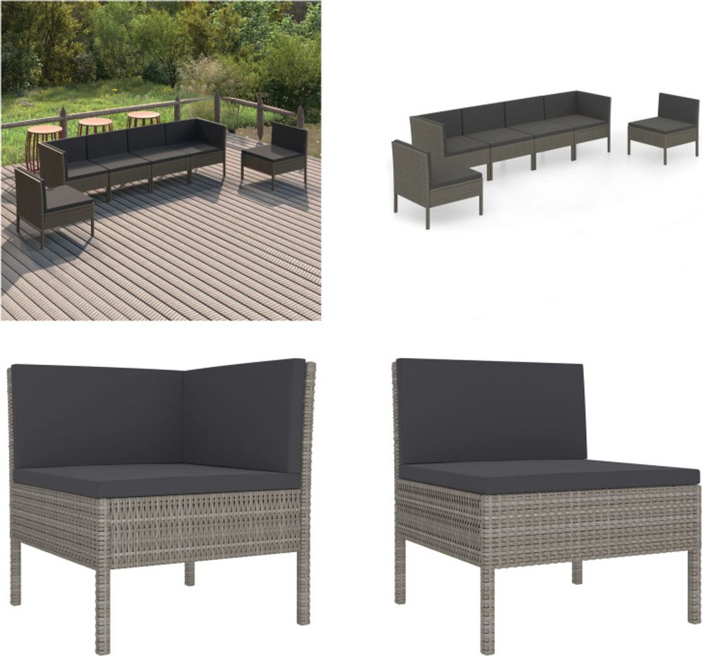 vidaXL 6 tlg. Garten Lounge Set mit Auflagen Poly Rattan Grau - Garten-Sofagarnitur - Garten-Sofagarnituren - Gartensofa-Set - Gartensofa-Sets