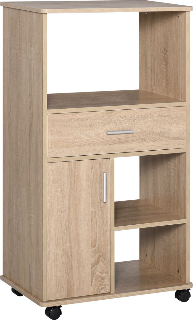 HOMCOM Küchenwagen für Mikrowelle, Aufbewahrung, Sideboard mit 4 Rollen und Bremsen, Schublade, offene Regale, Fach mit Tür, 60 x 40 x 108 cm, E...