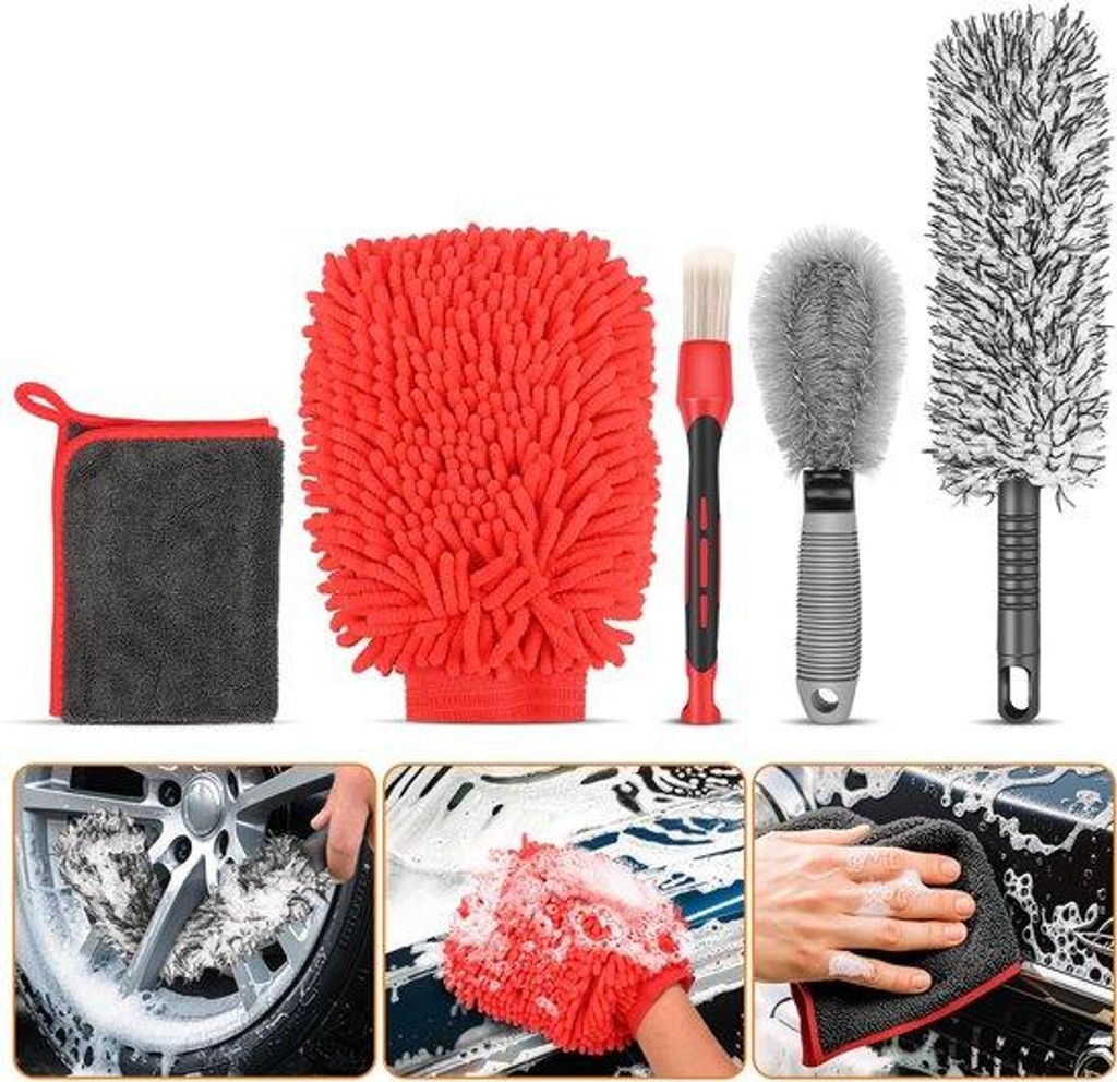 Autoreinigingsset, 5-teilig für Innen- und Außenreinigung, Set enthält Microfaser-Bürste, Hartborstel, Weichborstel, Waschhandschuh und Trocken...