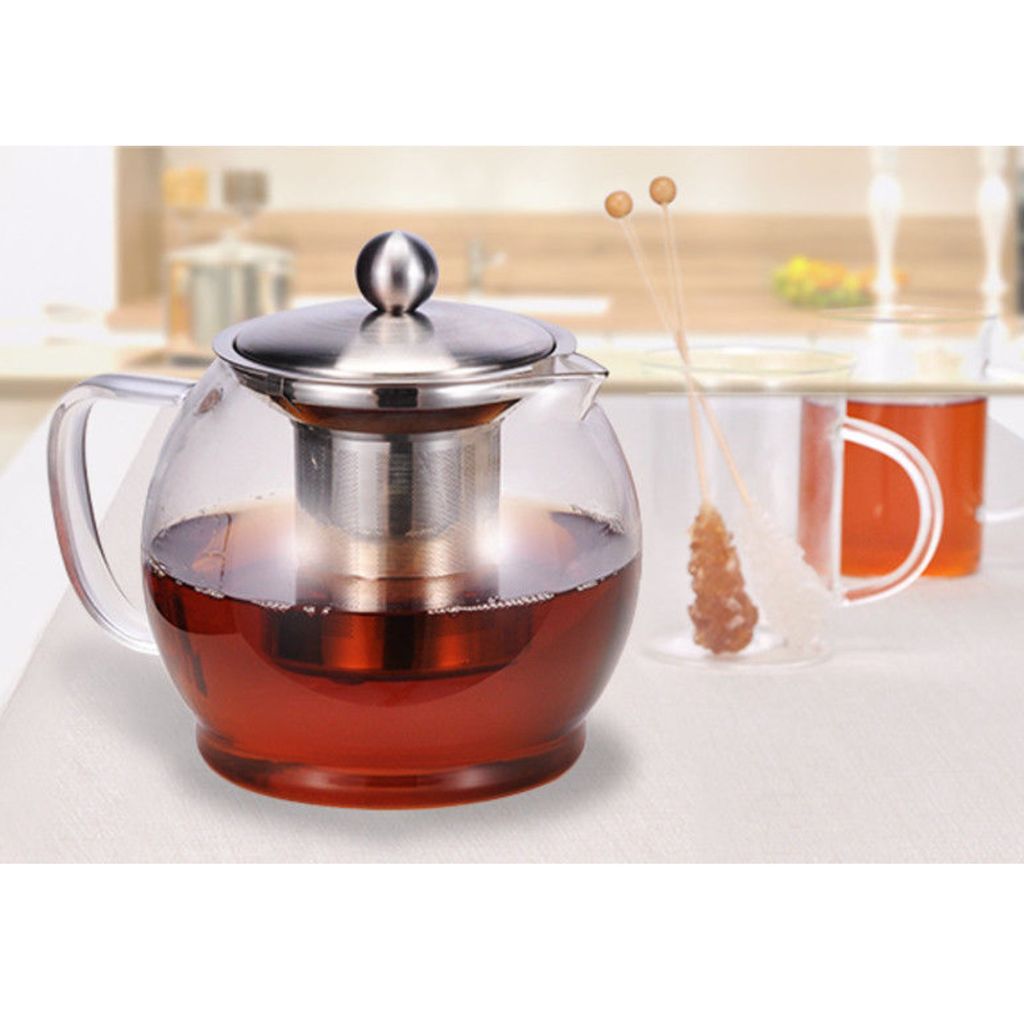 Edelstahl Teekanne Glas Teekocher Tee Bereiter Glaskanne Teesieb & Deckel 1,2L 