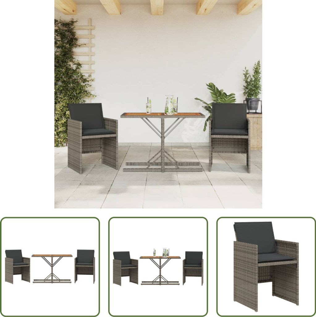 The Living Store 3-tlg. Bistro-Set mit Kissen Grau Poly Rattan