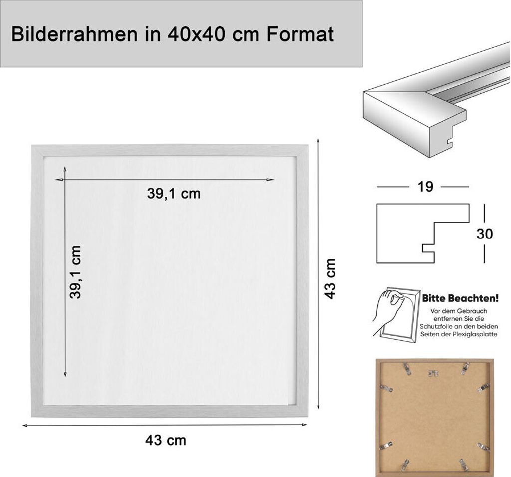 Holz Bilderrahmen Lifestyle Plexi Foto Rahmen Collage Wanddeko Poster HR-25 - Farbe: Grau | Format: 40x40