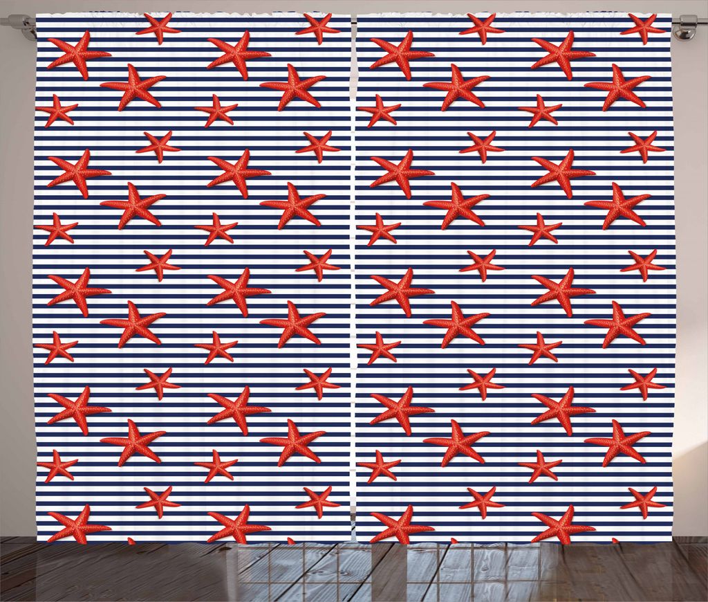 ABAKUHAUS Seestern Rustikaler Gardine, Maritime Themed Muster, Schlafzimmer Kräuselband Vorhang mit Schlaufen und Haken, 280 x 245 cm, Navy Weiß Rot