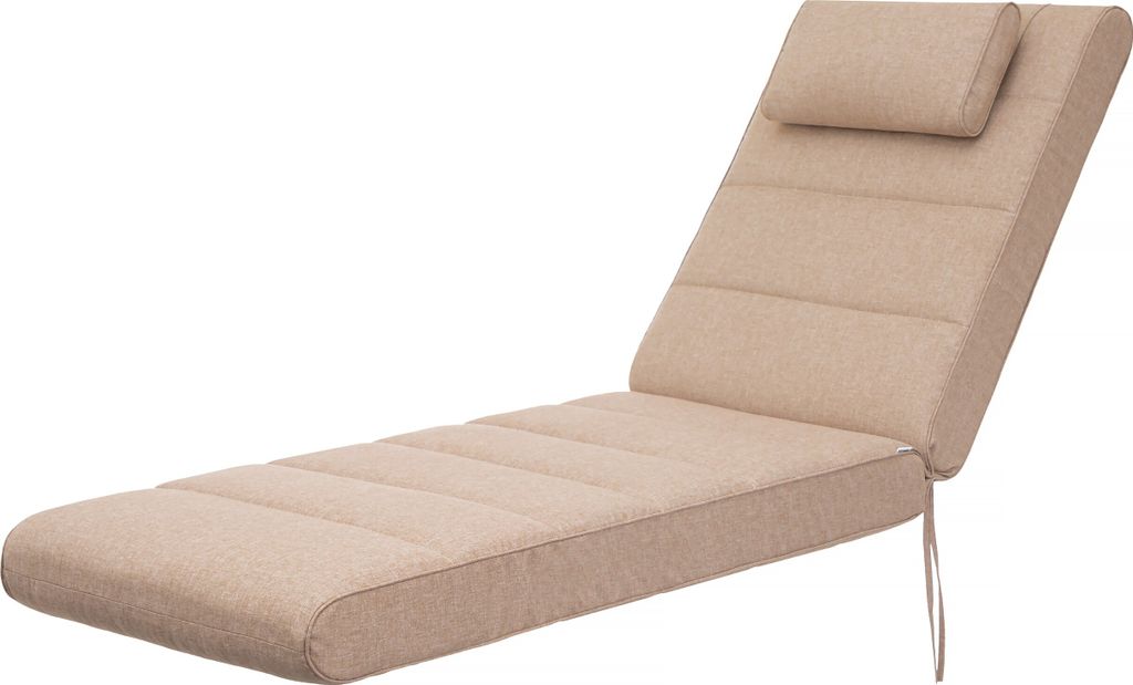 A beige chaise lounge with a headrest on a white background.