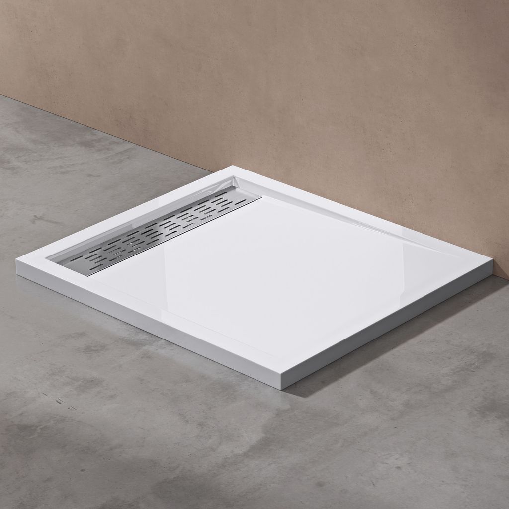 doporro Duschtasse Duschwanne 90x100x5cm flach aus Acryl in Weiß Rechteckig inkl. Ablaufgarnitur AL02 DIN-Anschlüsse für bodenebene Montage geei...