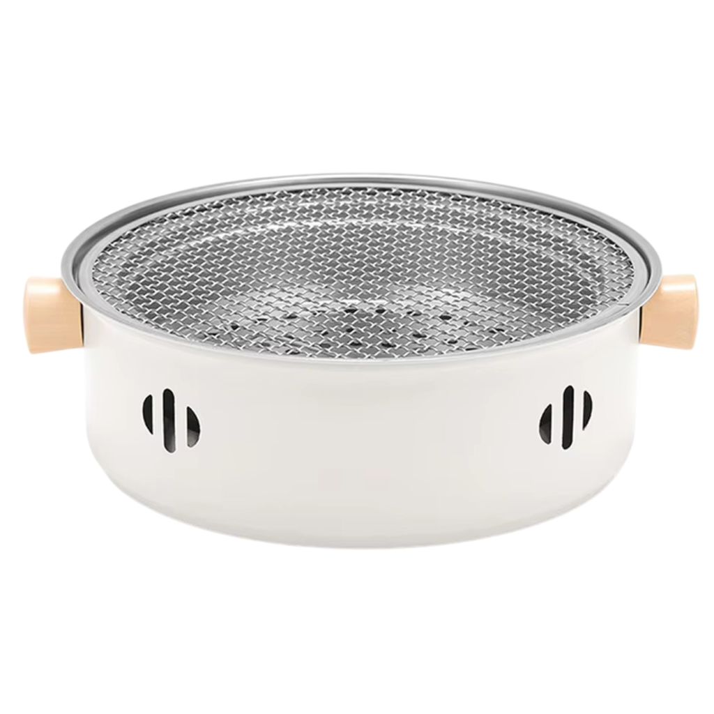 A white portable charcoal grill with a silver mesh grate and tan handles, shown from a front-side angle on a white background.