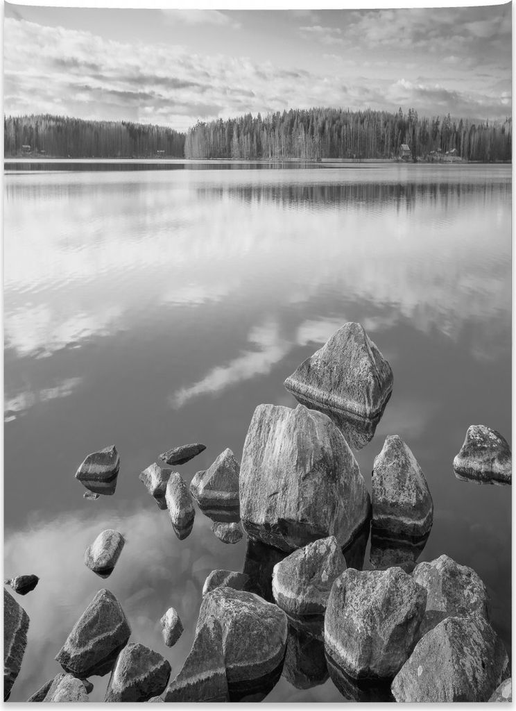Abakuhaus Herbst Wandteppich, Rock in Lake Shore aus Weiches Mikrofaser Stoff Kein Verblassen Klare Farben Waschbar, 110 x 150 cm, Weiß Schwarz