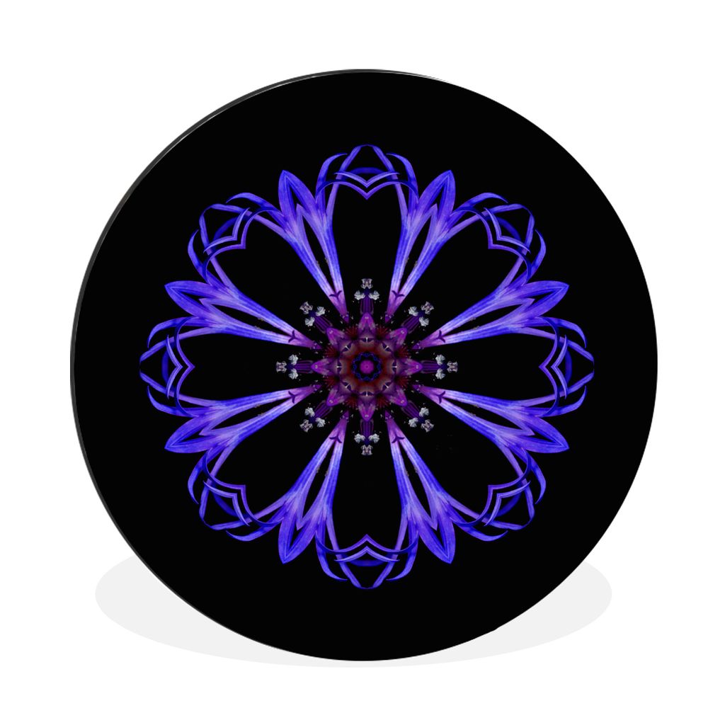 MuchoWow Aluminium Wandkreis Ein blaues Blumenmandala auf schwarzem Hintergrund Ø 60 cm Wanddeko Modern Wohnzimmer - Wand Kreis - Wandbild - Sch...