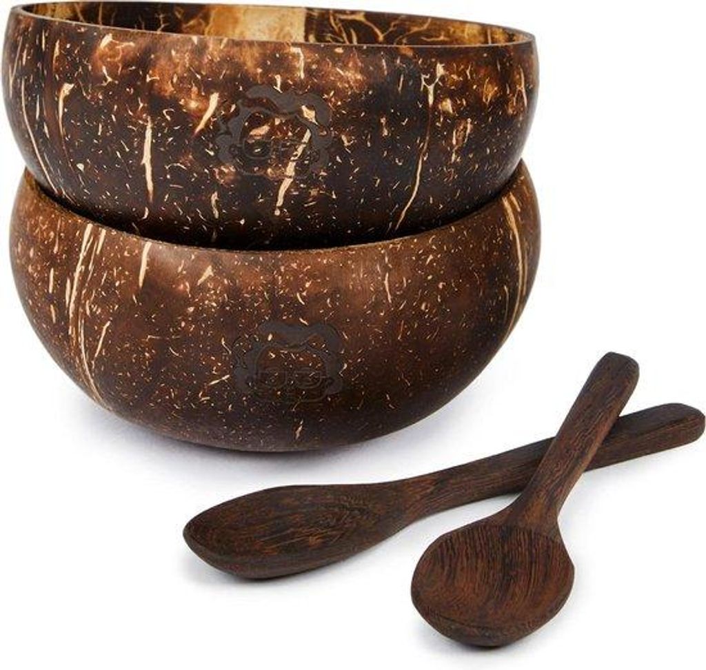 Kokosnussschalen-Set aus Holz mit Löffeln handgefertigt