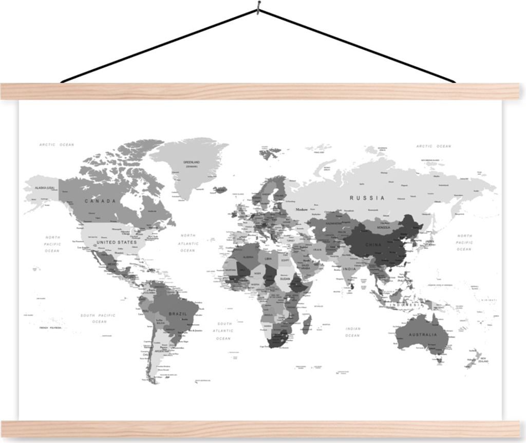MuchoWow Textilposter Abstrakte Weltkarte mit Grautönen - schwarz und weiß 120x80 cm mit holzfarbenen Rahmen - Aufhängeset