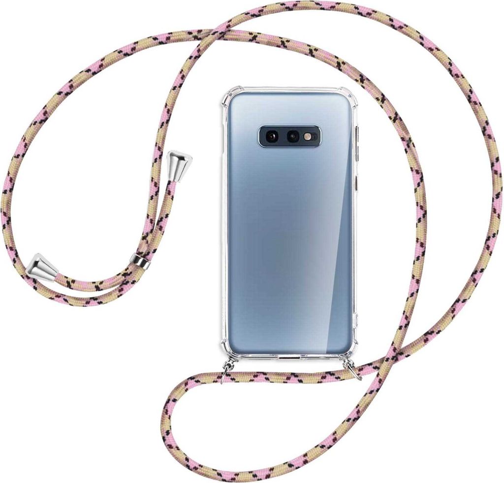 Handykette Backcover-Schutzhülle mit Band (Metall silberfarben) für Samsung Galaxy S10e - rosa Karo