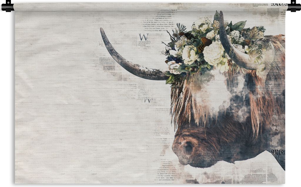 MuchoWow Wandteppich Wandbehang Schottische Hochlandrind - Kühe - Blumen 120x80 cm Tapisserie Dekoration Wandtuch - Wanddekorationen - Wandtücher