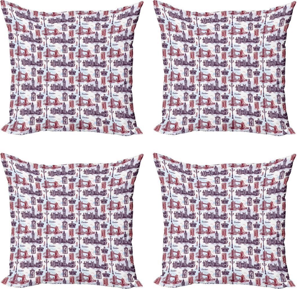 ABAKUHAUS London Kissenbezug Set (4 Stück), Wahrzeichen der Stadt Skizze, Moderner Doppelseitiger Digitaldruck, 45 cm x 45 cm, Blassblau Aubergine