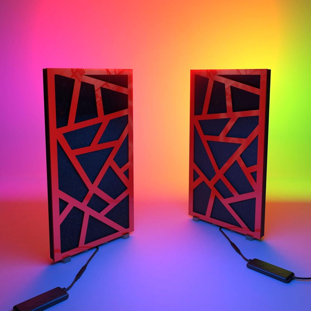 2er-Pack schmale Akustikplatten "SKYROSS-mini" mit RGB-Schreibtischlampe |Mobiler Ständer mit LED-Tischfuß | 25 x 50 cm |Rot glänzender Kunststoff