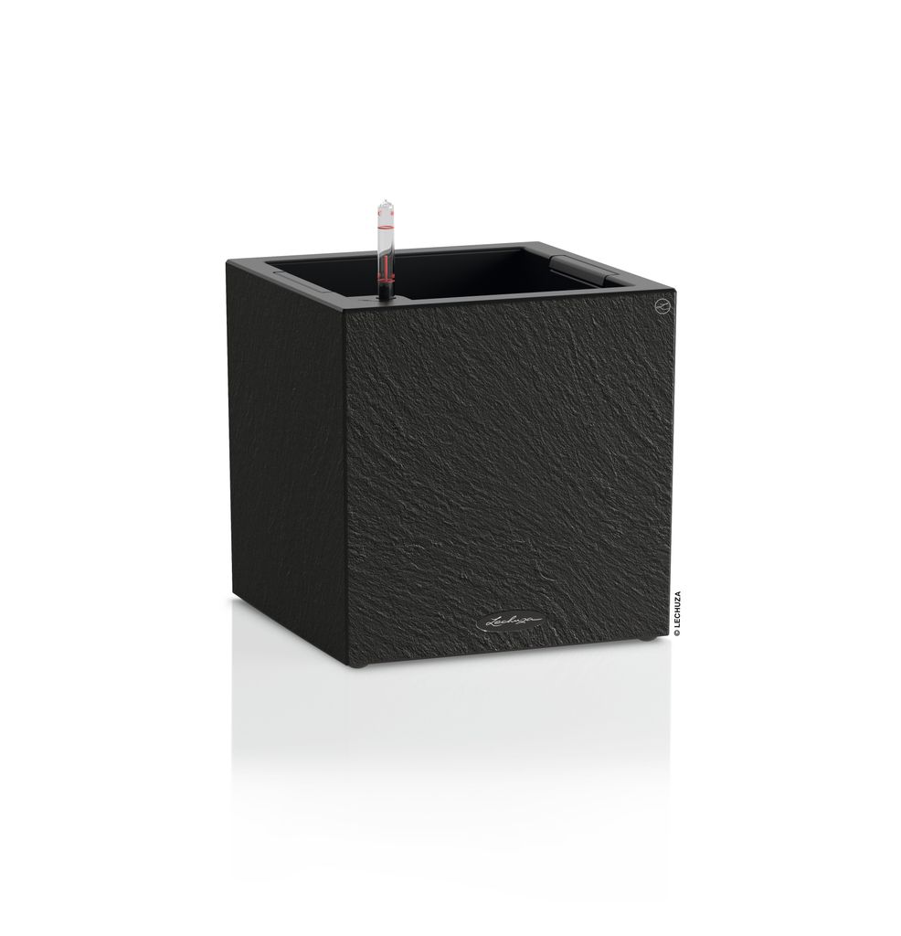 LECHUZA-Pflanzgefäß CANTO Slatestone 30 low dark grey | Pflanzgefäß mit Bewässerungssystem und Pflanzeinsatz |Schiefer-Optik | 30 x 30 x 30 cm...