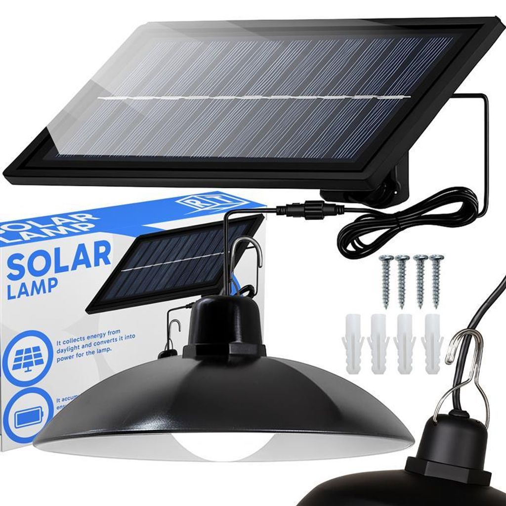 A solar powered hanging lamp with its solar panel and mounting hardware.