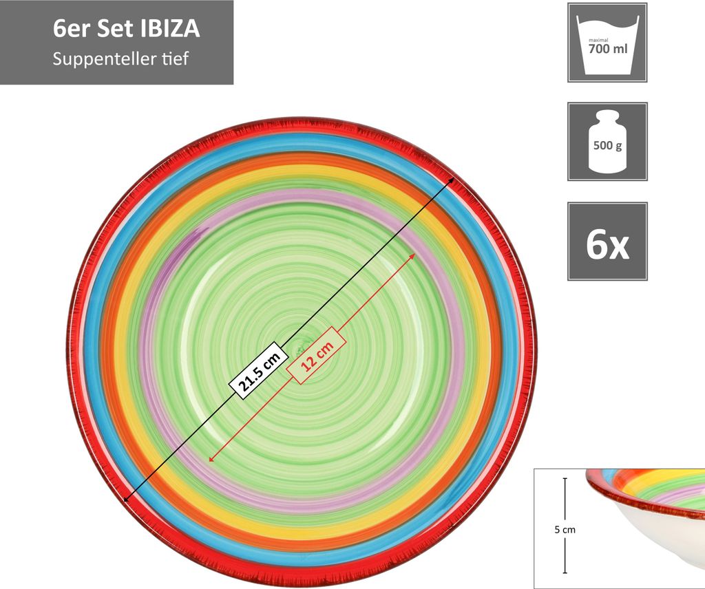 6er Set Essteller tief Ibiza bunt Suppenteller Essteller Produktbild 2