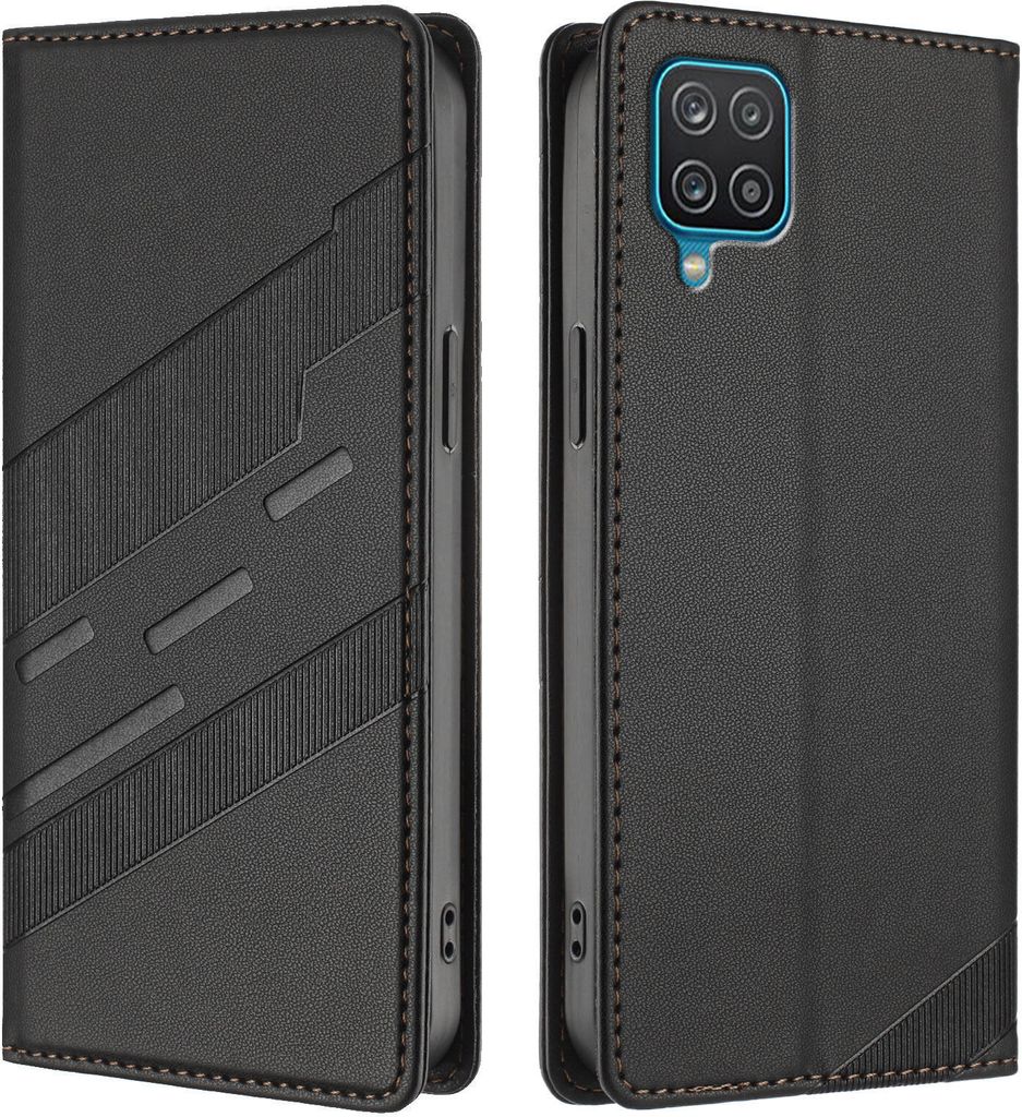Hülle für Samsung Galaxy A12, Kunstleder Brieftaschen Handyhülle mit Kartenfach und Standfunktion Schwarz
