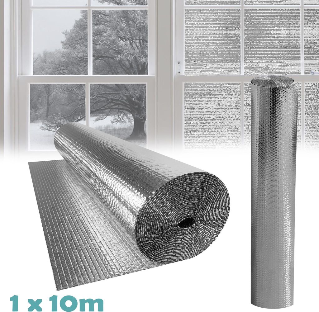 XINZI Blasen-Alu-Isolierfolie 1x10m - Thermofolie mit Reflexion, für Heizkörper/Fenster/Dächer/Garage, Wärmedämmung & Kälteschutz