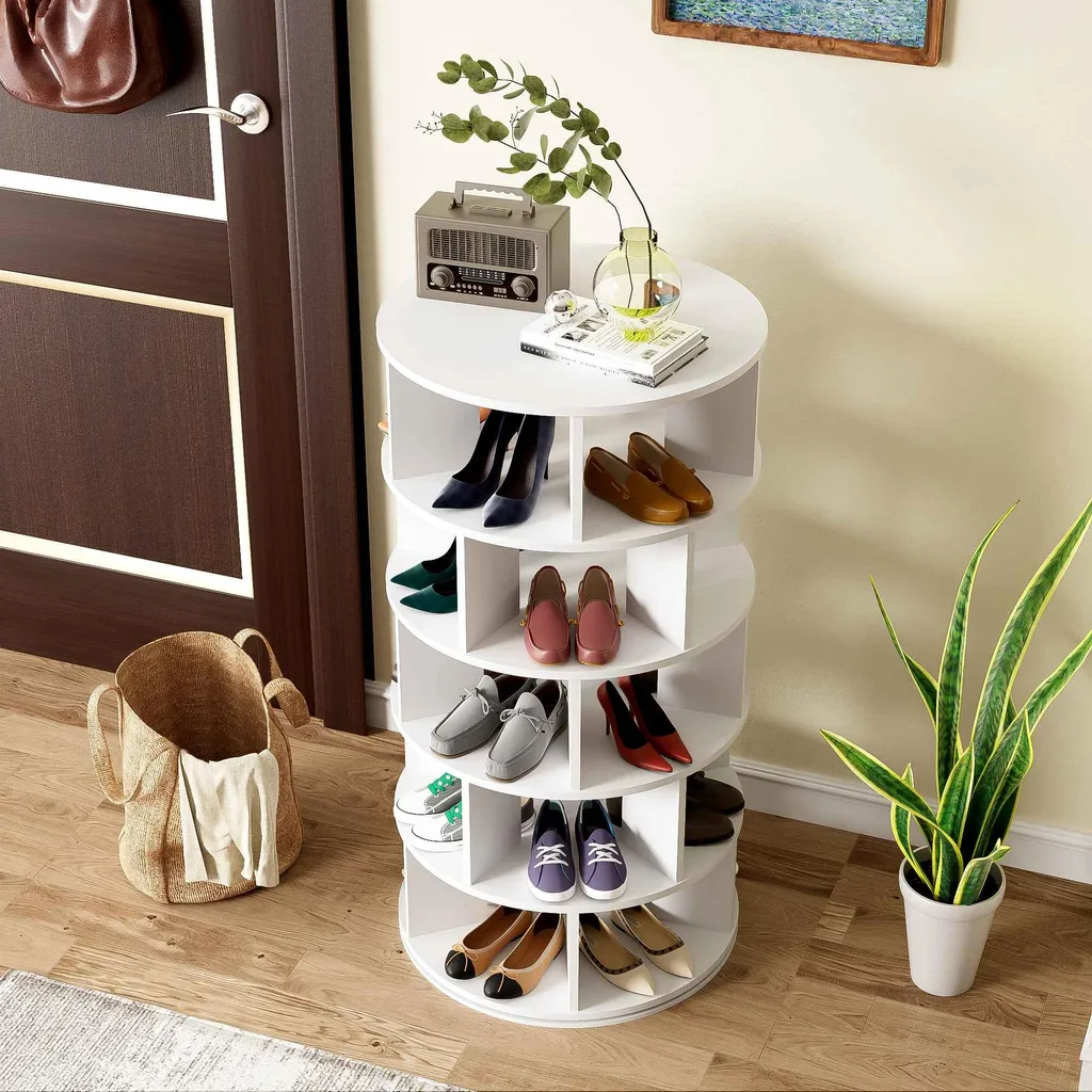 Meuble à chaussures rotatif blanc avec 5 étages circulaires et compact