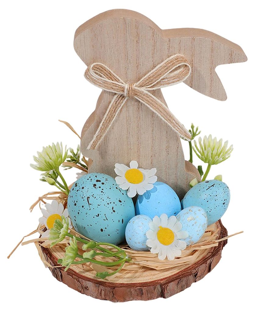 Osterhasen-Dekoration aus Holz, rustikaler Landhausstil, künstliche Blume, buntes Ei, Hasen-Tischschild, Schreibtischdekoration