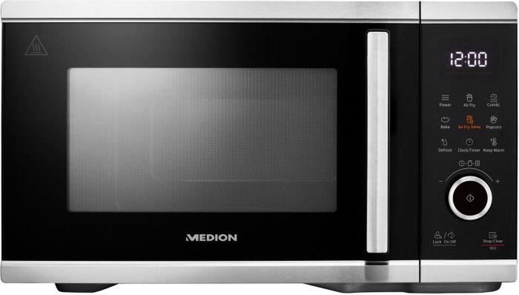 A front view of a black and silver MEDION microwave oven.