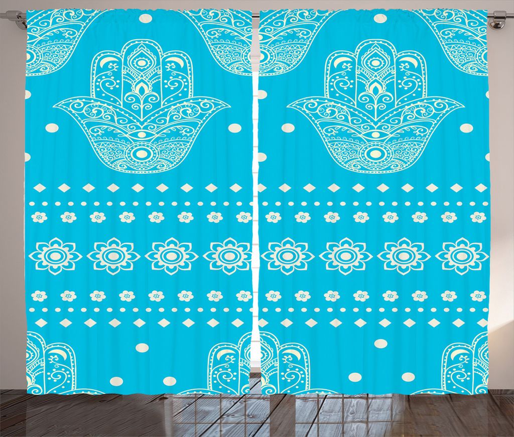 ABAKUHAUS Hamsa Rustikaler Vorhang, Eastern Kulturblumen, Wohnzimmer Universalband Gardinen mit Schlaufen und Haken, 280 x 245 cm, Blau