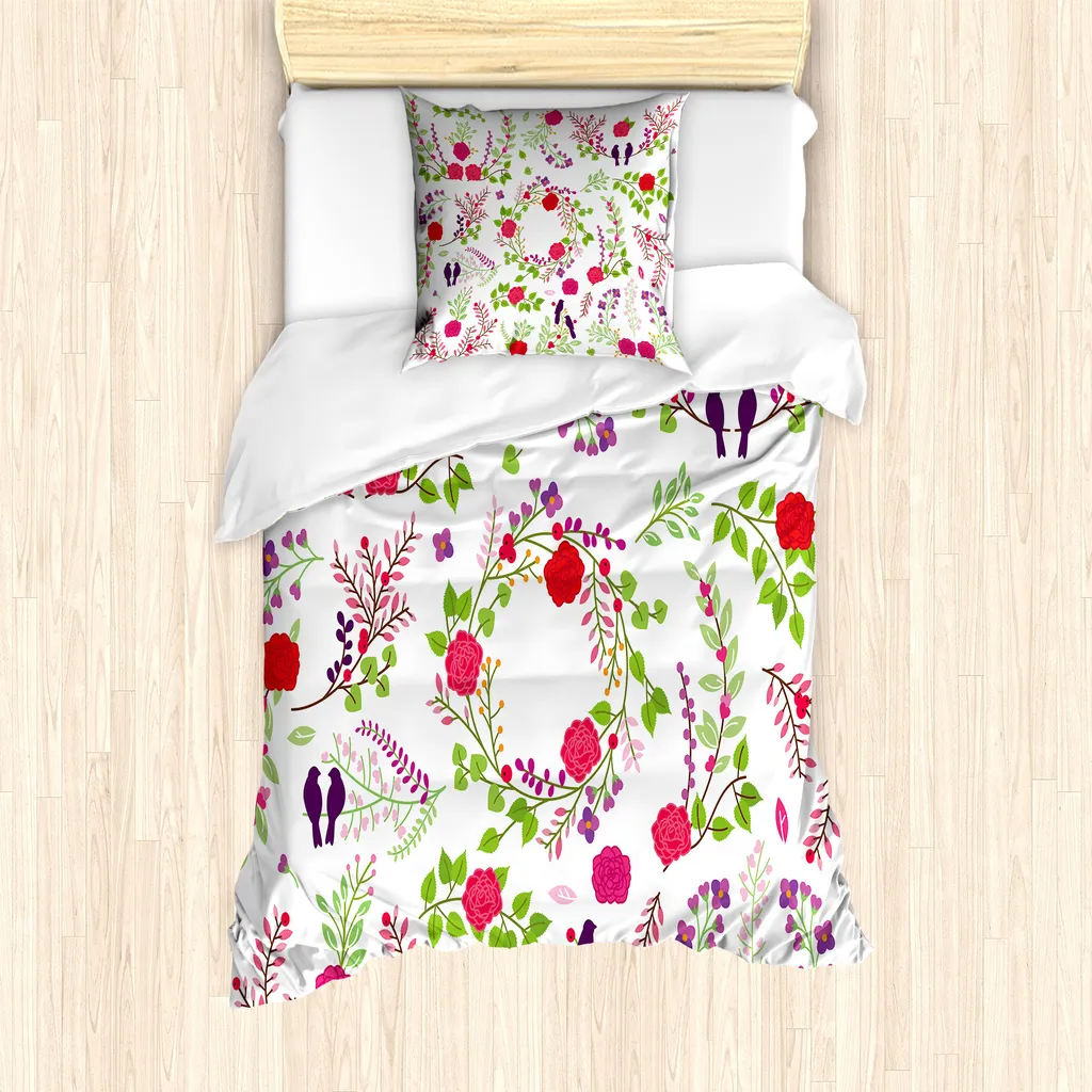 Set Letto Singolo ABAKUHAUS Fiori di Rosa Verde e Prugna 135x200