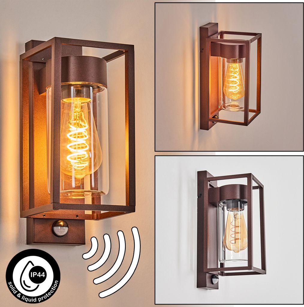 Laterza Außenwandlampe mit Bewegungsmelder aus Metall/Glas in Rostfarben/Klar