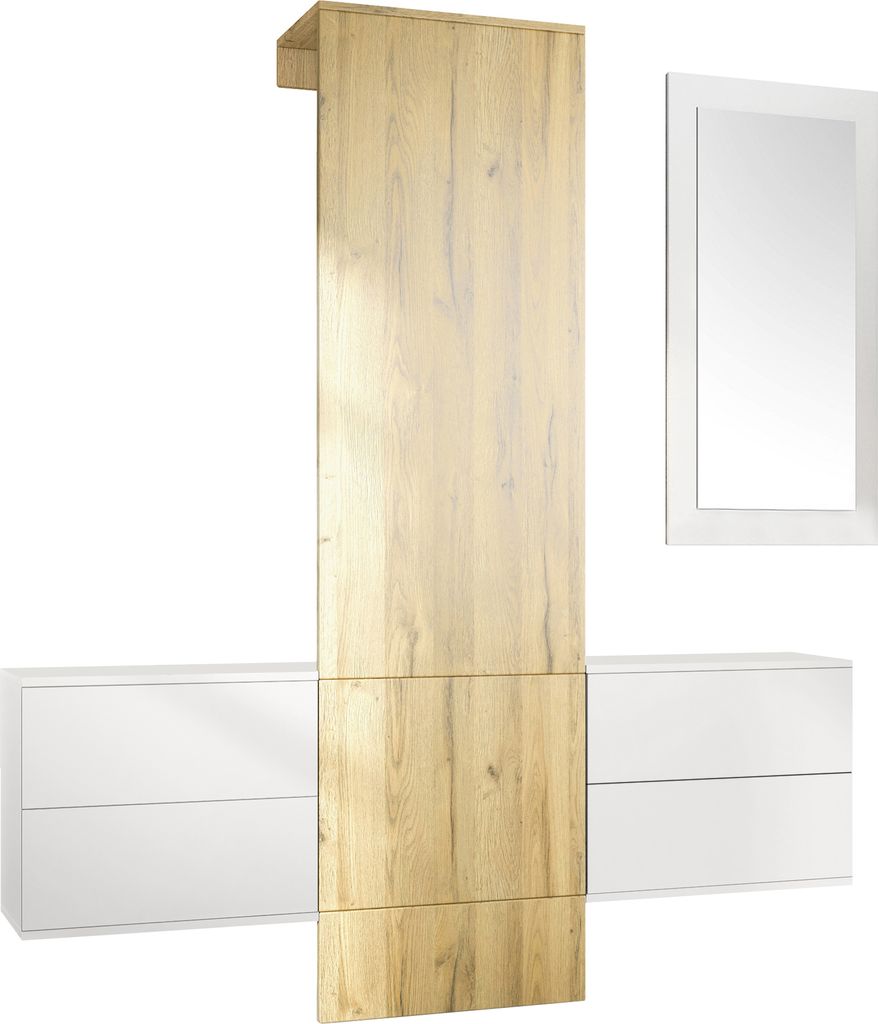 Vladon Garderobe Wandgarderobe Carlton Set 3, Germany, Korpus in Weiß matt / Paneel in Eiche Natur