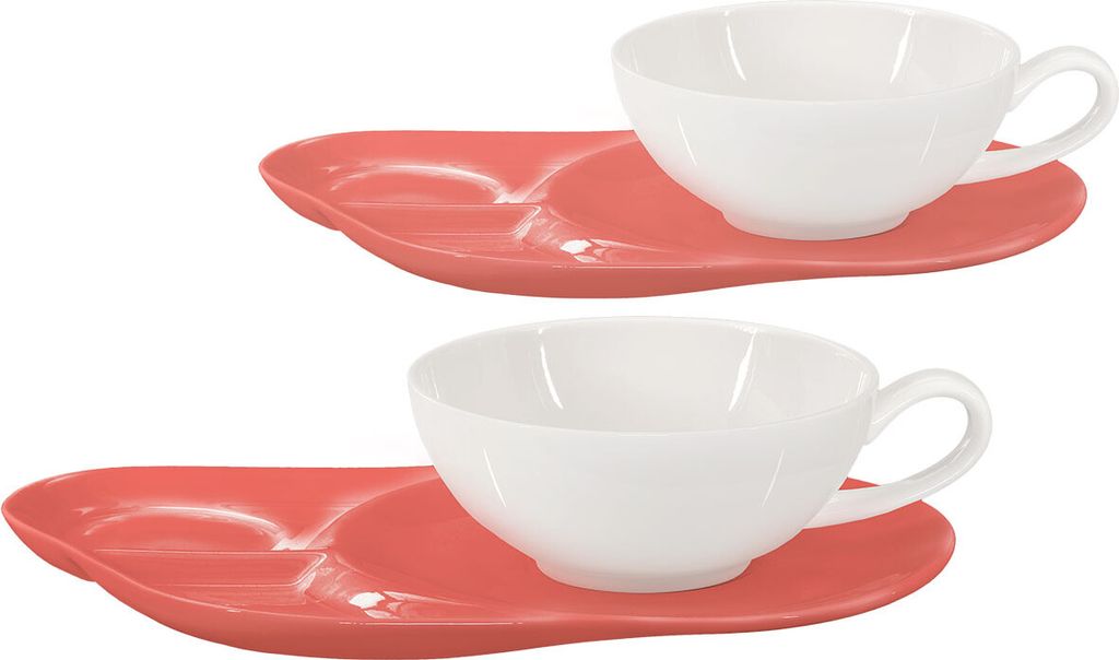Buchensee Teetassen Porzellan / Teetassen Set Lena mit Ablageteller, 2 Tassen je 200ml, weiß/coralrot, Crystal Bone China