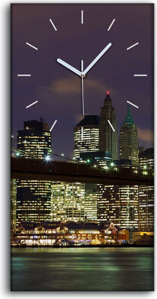 Wandkunst Leinwand Bild Uhr 30x60 Gemälde Stadt Gebäude Fluss Brücke Nacht - weiße Hände