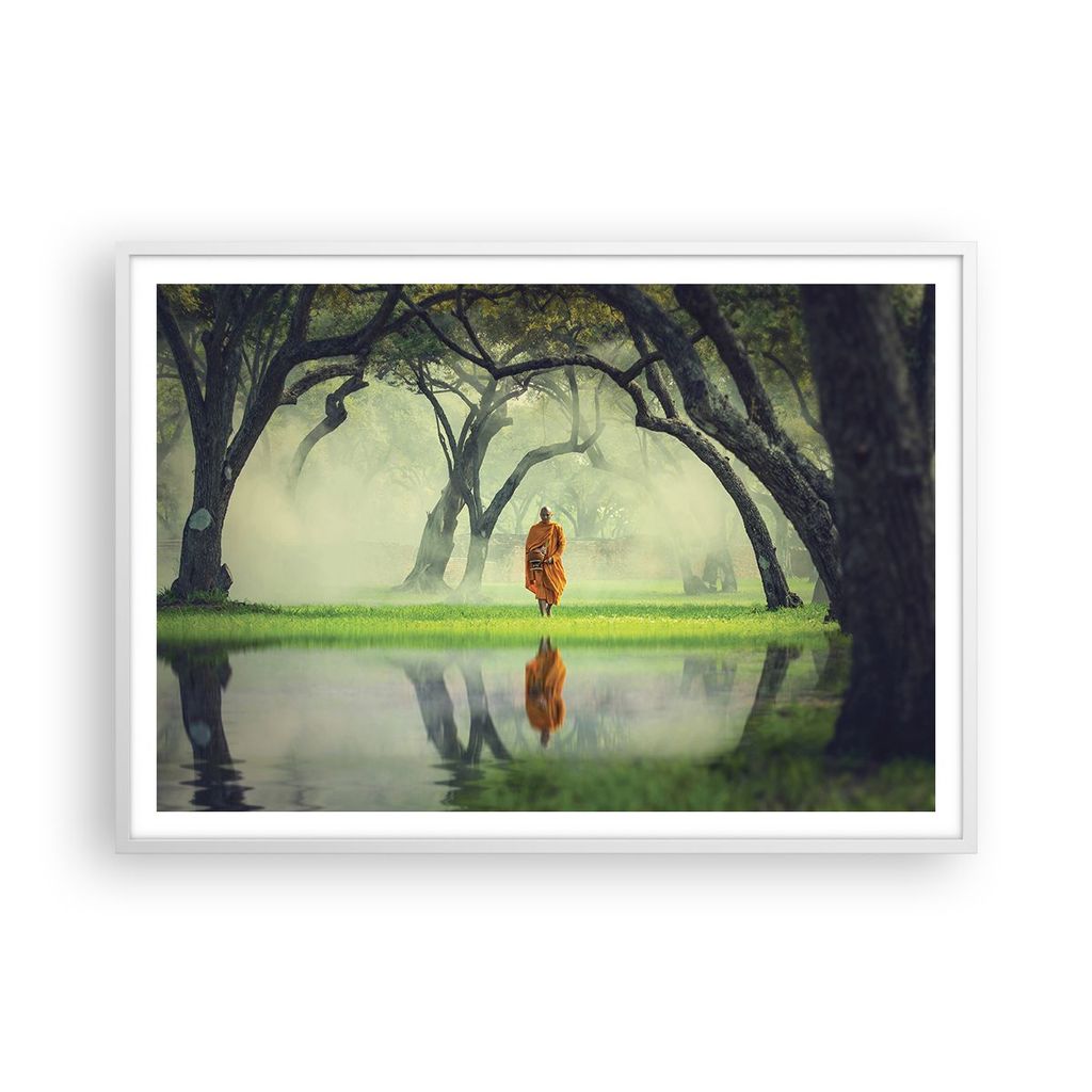 Gerahmtes Poster - Weißer Rahmen - Mönch Wald Nebel - 100x70 cm - Wand Bild - Wanddeko - Wandbilder - Kunstposter - Wandposter - Bilderrahmen - B...