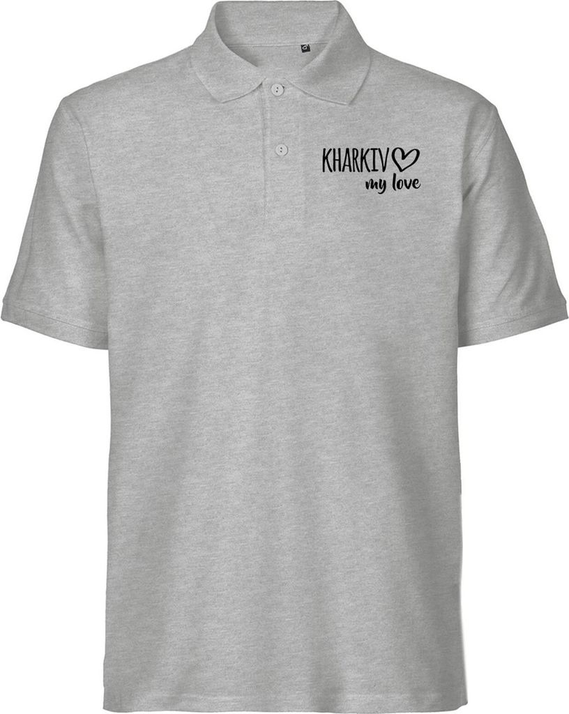Huuraa Graues Polo Shirt Kharkiv my love Geschenk Männer Oberteil Sport Grey Größe 3XL Bio Baumwolle Fairtrade Kharkiv Mitbringsel