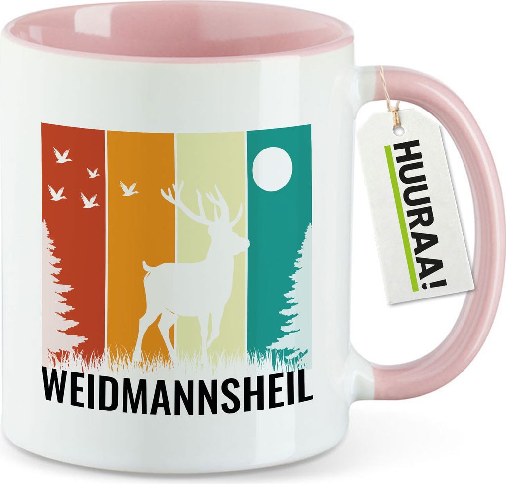 Huuraa Kaffeetasse Weidmannsheil Hirsch Wald 330ml Rosa Keramik Kaffeebecher Geschenkidee