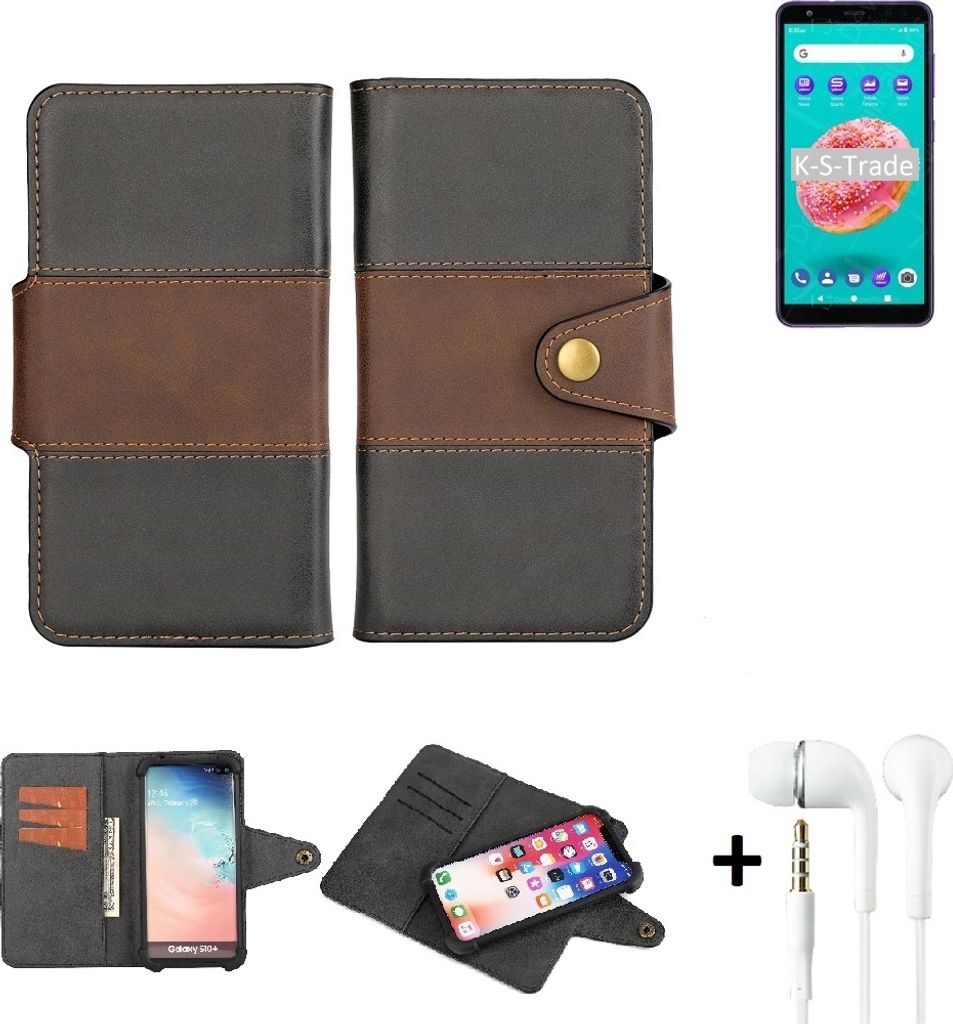 K-S-Trade Handyhülle Schutzhülle Bookstyle Wallet-Case kompatibel mit ZTE Blade A3Y + earphones Bumper rundumschutz schwarz-braun 1x