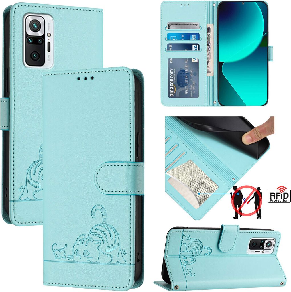 Leder Hülle für Xiaomi Redmi Note 10 Pro/Note 10 Pro Max Süße Katze Flip Case Brieftasche Schutzhülle mit Standfunktion hellgrün