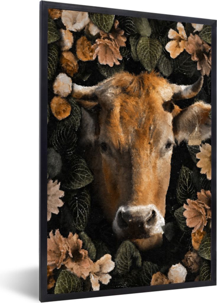 MuchoWow MuchoWow Gerahmtes Poster Kuh - Blumen - Tiere - Horn 20x30 cm - Poster mit zchwarzem Bilderrahmen - Drucken - Bilder Poster im Rahmen