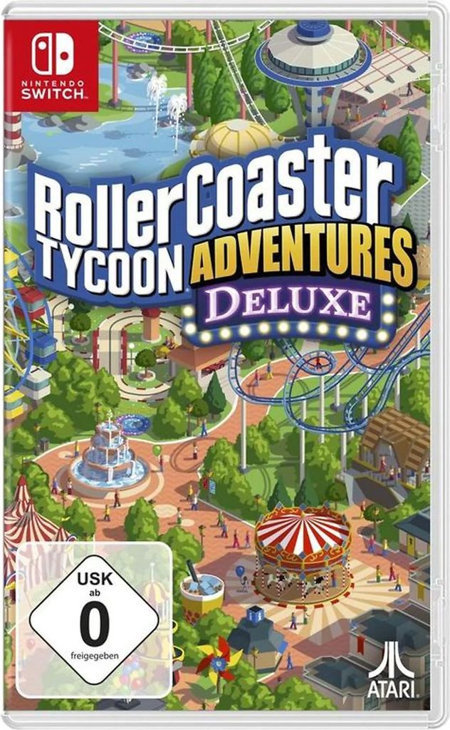 The image shows the game box for RollerCoaster Tycoon Adventures Deluxe for Nintendo Switch.