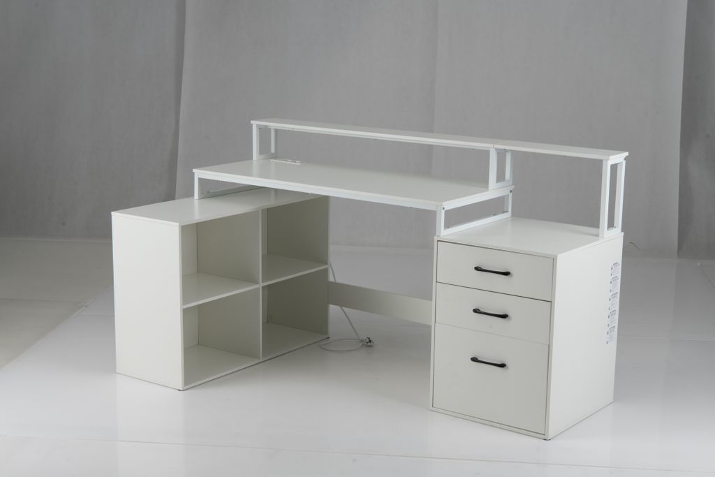 COSTWAY L-förmiger Schreibtisch, 166x90 cm Eckschreibtisch mit Steckdosen, Aktenfach, Würfelregal, Schubladen, Drucker- & Monitorständer, Ecktisch