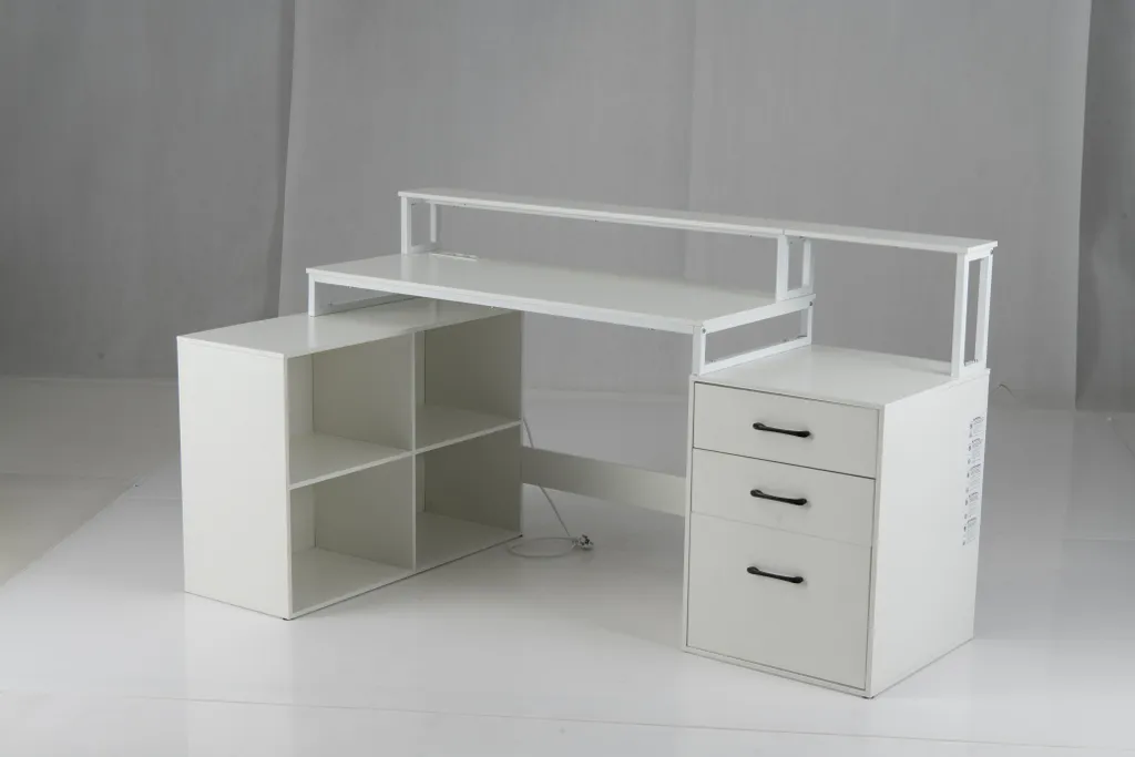 Grand Bureau de Direction d'Angle avec Rangement et Support Imprimante