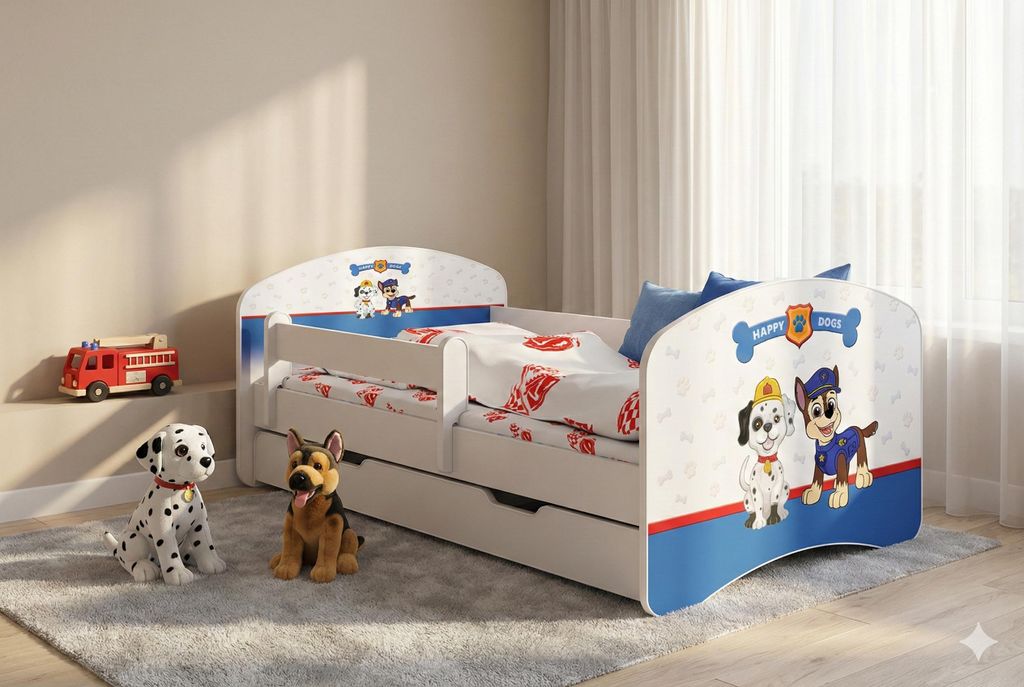 1x Happy Babies Kinderbett mit Rausfallschutz Junge 140x70 Bett für Kinderzimmer mit Schublade Matratze Einzelbett für Kinder Weiß Blau Hundemotiv