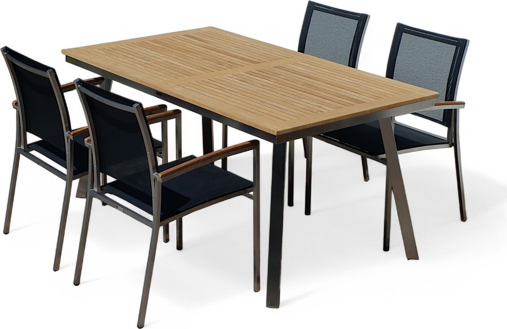 ALEOS. Gartengarnitur Edelstahl Teak Set Tisch Nassau 160x90 cm + 4 stapelbare Sessel schwarze Batyline Bespannung Stapelsessel A-Grade Teak Holz G...