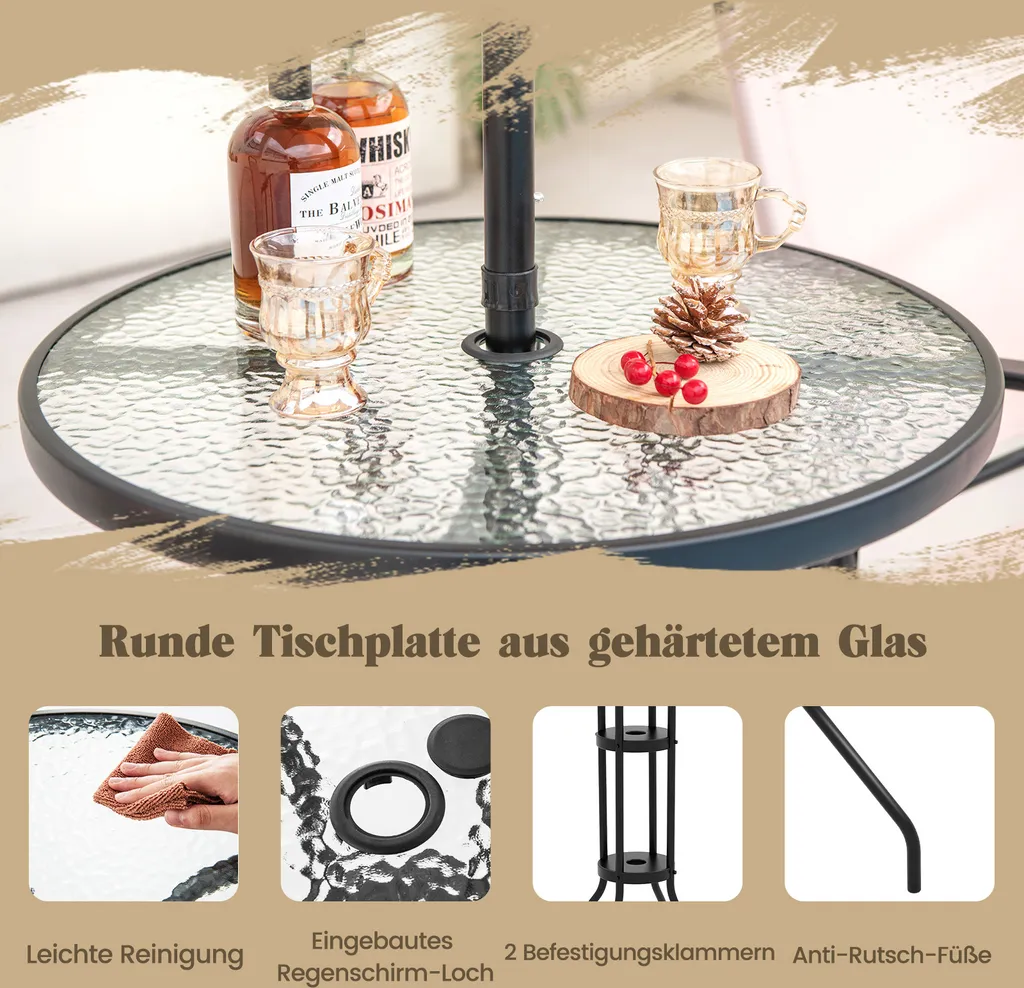 Set bistrot pliable 4 pièces : table, chaises et parasol de protection
