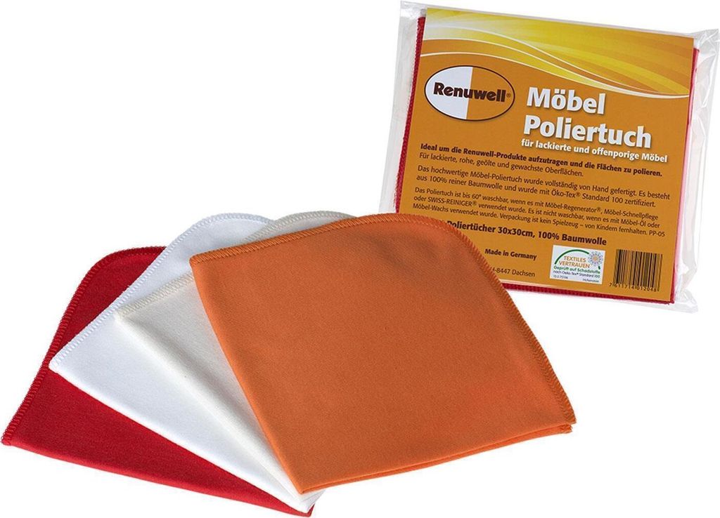 A product shot of Renuwell furniture polishing cloths, with a package in the background and three cloths fanned out in the foreground.